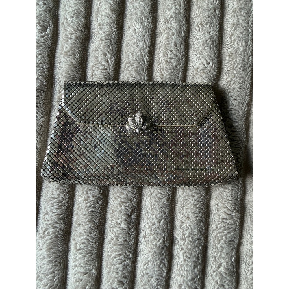 Whiting & Davis Vintage Silver Mesh Clutch Rhinestone Floral Clasp Evening Bag